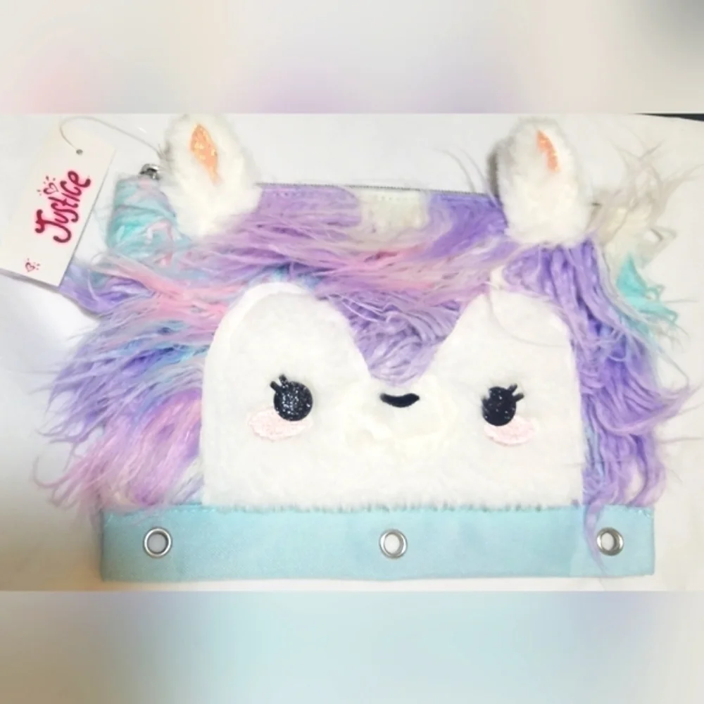 Justice Fuzzy Unicorn Themed Pencil/Pens Ring Binder Case